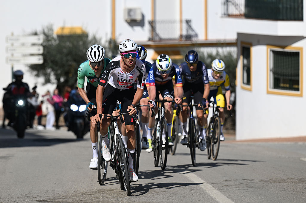 PIZARRA, SPAIN - FEBRUARY 18: Jan Christen of Switzerland and UAE Team Emirates - XRG leads the breakaway during the 72nd Vuelta a Andalucia Ruta Ciclista Del Sol 2026, Stage 1 a 150.1km stage from Benahavis to Pizarra on February 18, 2026 in Pizarra, Spain. (Photo by Szymon Gruchalski/Getty Images)