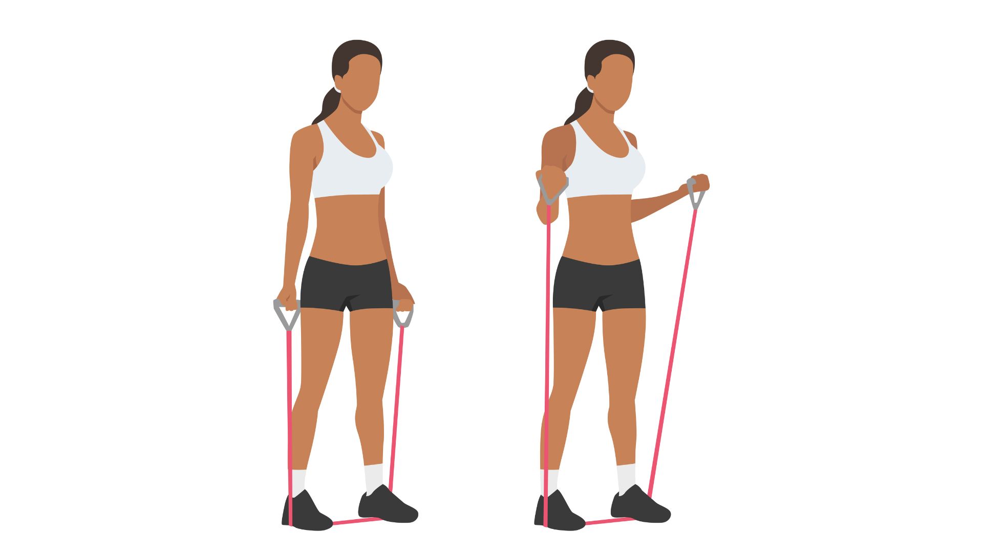 Illustration showing a woman doing a banded bicep curl with start and finish positions.