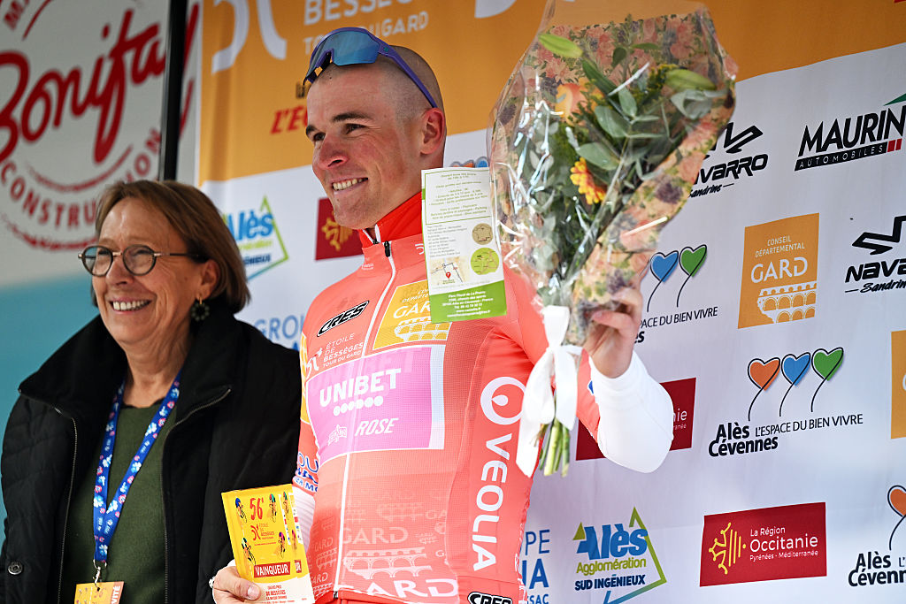 BESSEGES, FRANCE - FEBRUARY 06: Lukas Kubis of Slovakia and Team Unibet Rose Rockets celebrates at podium as Orange Leader Jersey winner during the 56th Etoile de Besseges - Tour du Gard 2026, Stage 3 a 162.3km stage from Besseges to Besseges on February 06, 2026 in Besseges, France. (Photo by Luc Claessen/Getty Images)