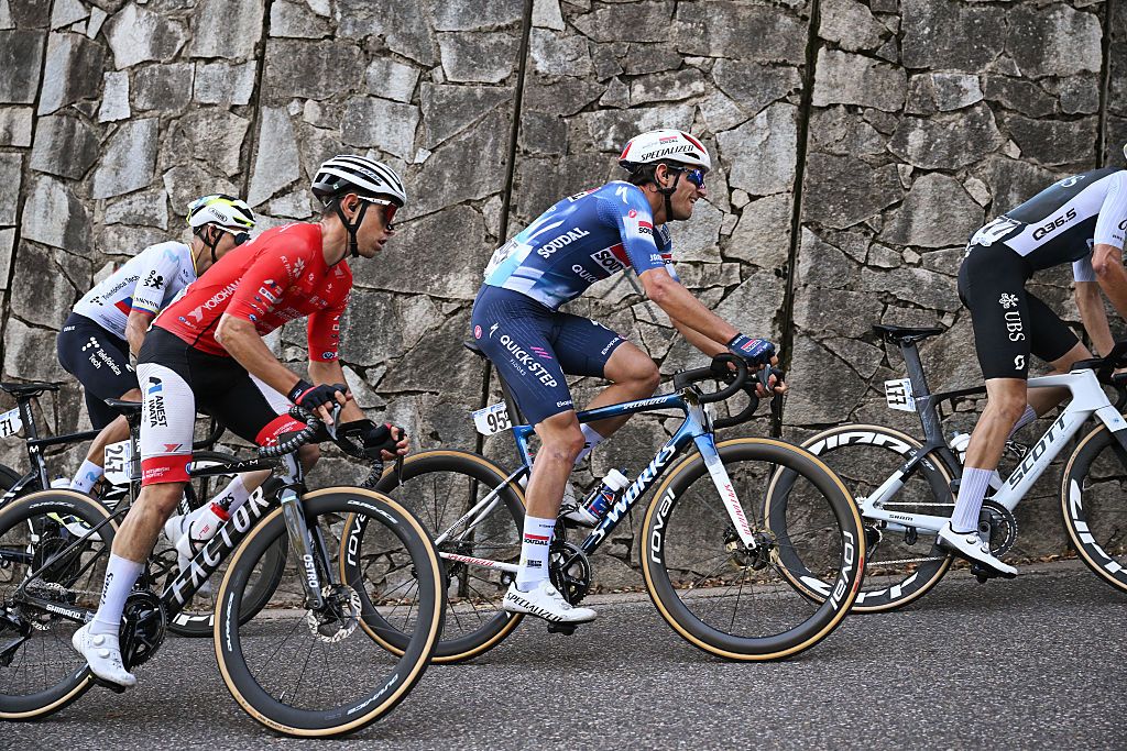 LEGNANO, ITALY - OCTOBER 06: (L-R) Nicolo Garibbo of Italy and Team UKYO and Andrea Raccagni Noviero of Italy and Team Soudal Quick-Step compete during the 106th Coppa Bernocchi 2025 a 191.6km one day race from Legnano to Legnano on October 06, 2025 in Legnano, Italy.