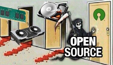A grim reaper knocking on a door labelled "open source"
