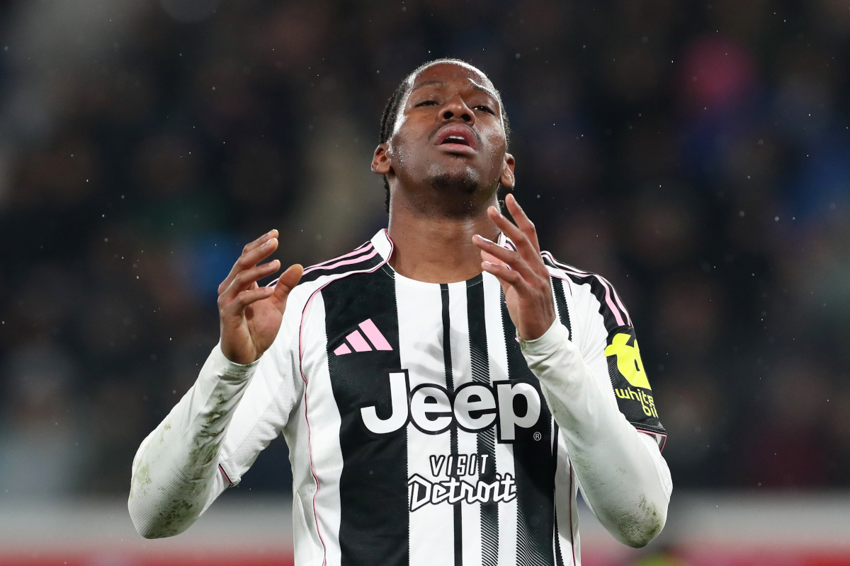 BERGAMO, ITALY - FEBRUARY 05: Jonathan David of Juventus reacts during the Coppa Italia Quarter-Final match between Atalanta BC and Juventus FC at the New Balance Arena on February 05, 2026 in Bergamo, Italy. (Photo by Marco Luzzani/Getty Images)
