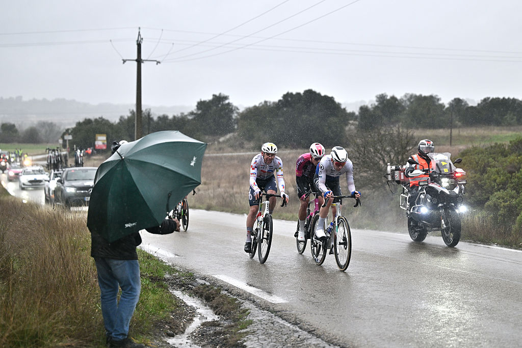 DOMESSARGUES, FRANCE - FEBRUARY 05: (L-R) Samuel Leroux of France and Team TotalEnergies, Arnaud Tendon of Switzerland and Team Van Rysel Roubaix and Mael Guegan of France and Team CIC Pro Cycling Academy compete in the breakaway during the 56th Etoile de Besseges - Tour du Gard 2026, Stage 2 a 162.8km stage from Saint-Gilles to Domessargues on February 05, 2026 in Domessargues, France. (Photo by Luc Claessen/Getty Images)