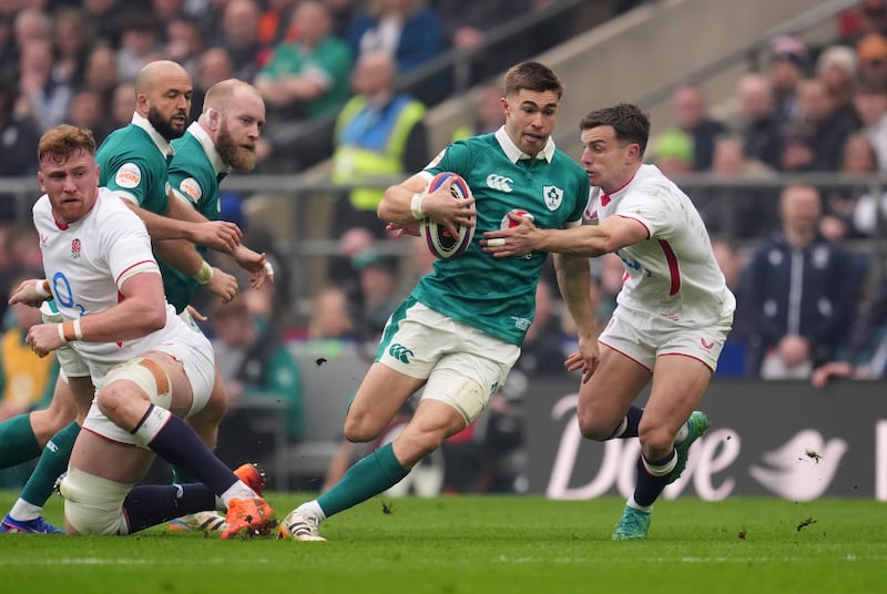 England's George Ford tackles Ireland's Jack Crowley. Photograph: Adam Davy/PA