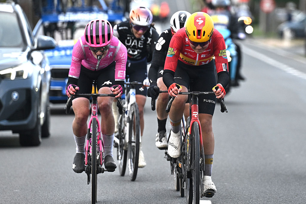 NIVONE, BELGIUM - FEBRUARY 28: (L-R) Nina Berton of Luxembourg and Team EF Education - EasyPost and Kamilla Aasebo of Norway and Team Uno-X Mobility compete in the breakaway during the 21st Omloop Het Nieuwsblad 2026, Women&amp;apos;s Elite a 137.2km one day race from Ghent to Ninove / #UCIWWT / on February 28, 2026 in Ninove, Belgium. (Photo by Luc Claessen/Getty Images)