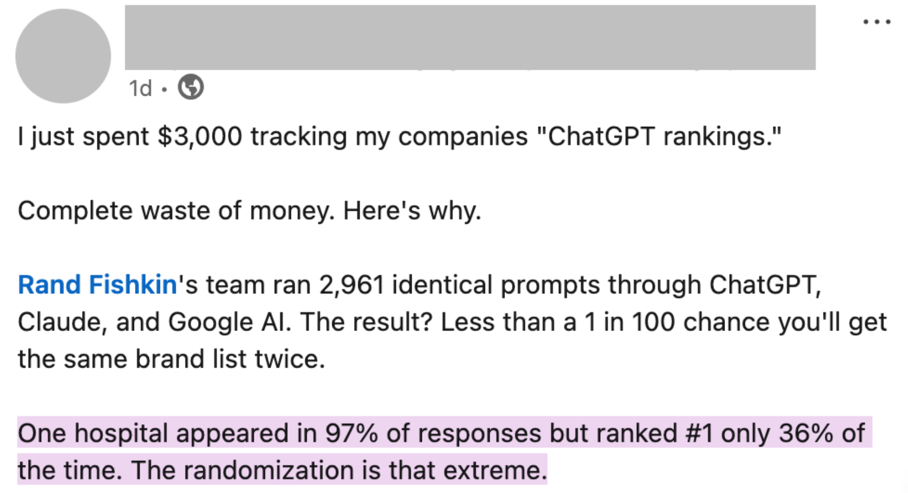LinkedIn post - ranking # 1 on ChatGPT