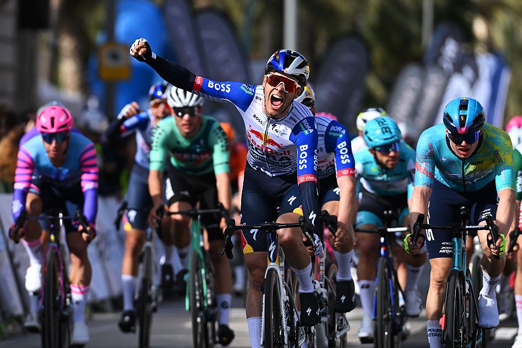 PALMA DE MALLORCA, SPAIN - FEBRUARY 01: Arne Marit of Belgium and Team Red Bull - Bora - Hanssrohe celebrates at finish line as race winner during the 35th Challenge Ciclista Mallorca 2026 - Trofeo Palma a 158.3km one day race from Marratx&iacute; to Palma de Mallorca on February 01, 2026 in Palma de Mallorca, Spain. (Photo by Tim de Waele/Getty Images)