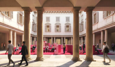 Milan palazzo courtyard with pink labyrinth