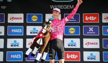 WAREGEM, BELGIUM - APRIL 02: Neilson Powless of The United States and Team EF Education - EasyPost celebrates at podium as race winner during the 79th Dwars Door Vlaanderen 2025, Men&amp;apos;s Elite a 184.2km one day race from Roeselare to Waregem / #UCIWT / on April 02, 2025 in Waregem, Belgium. (Photo by Tim de Waele/Getty Images)