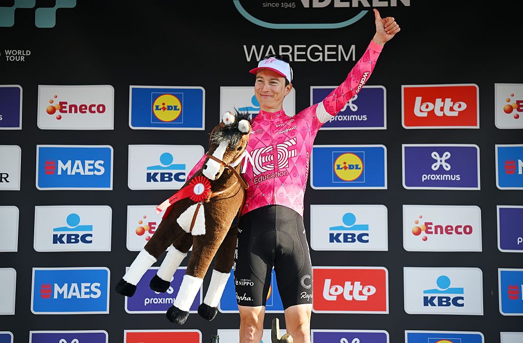 WAREGEM, BELGIUM - APRIL 02: Neilson Powless of The United States and Team EF Education - EasyPost celebrates at podium as race winner during the 79th Dwars Door Vlaanderen 2025, Men&amp;apos;s Elite a 184.2km one day race from Roeselare to Waregem / #UCIWT / on April 02, 2025 in Waregem, Belgium. (Photo by Tim de Waele/Getty Images)