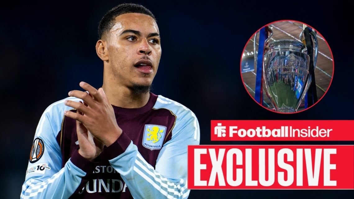 Football Insider exclusive as Aston Villa forward Morgan Rogers applauds after a game, while glancing towards the Champions League trophy, which fe...