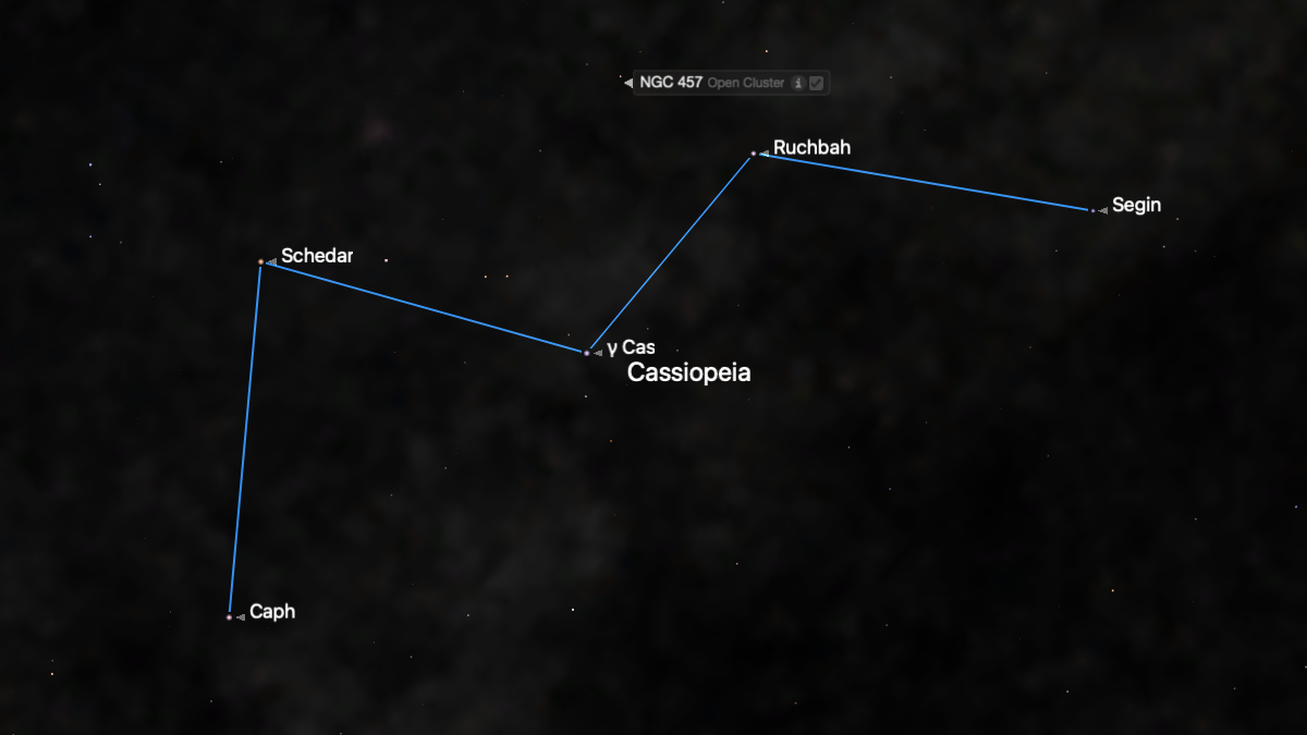 A simulation of the night sky showing the "M"-formation of stars of the constellation Cassiopeia, joined by a teal line.
