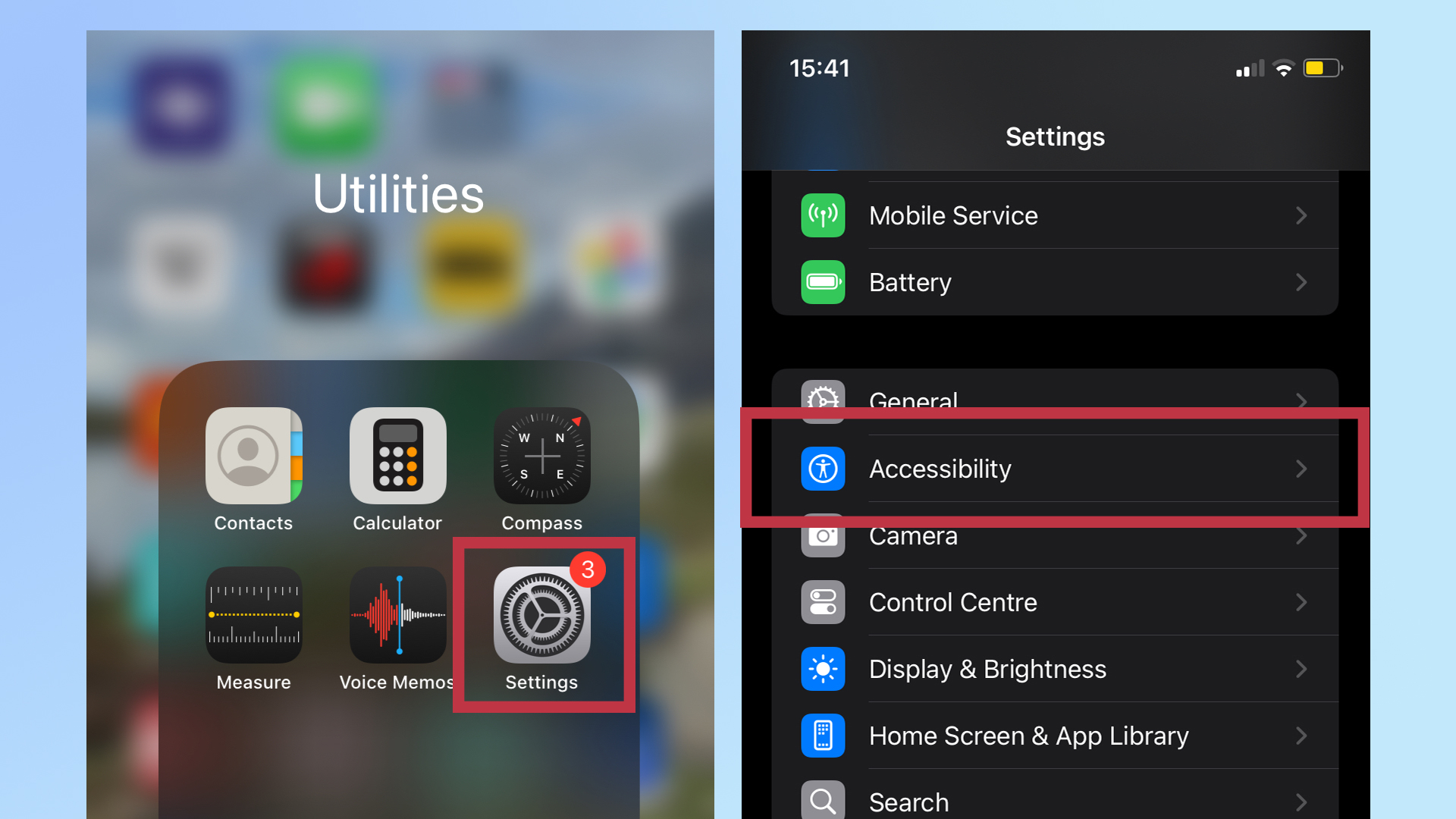 Two screen shots of the iPhone interface: on the left, showing the Setting menu in the Utilities box, with a red square arounf the settings button. On the right, the opened settings menu with a red rectangl around the Accessibility option