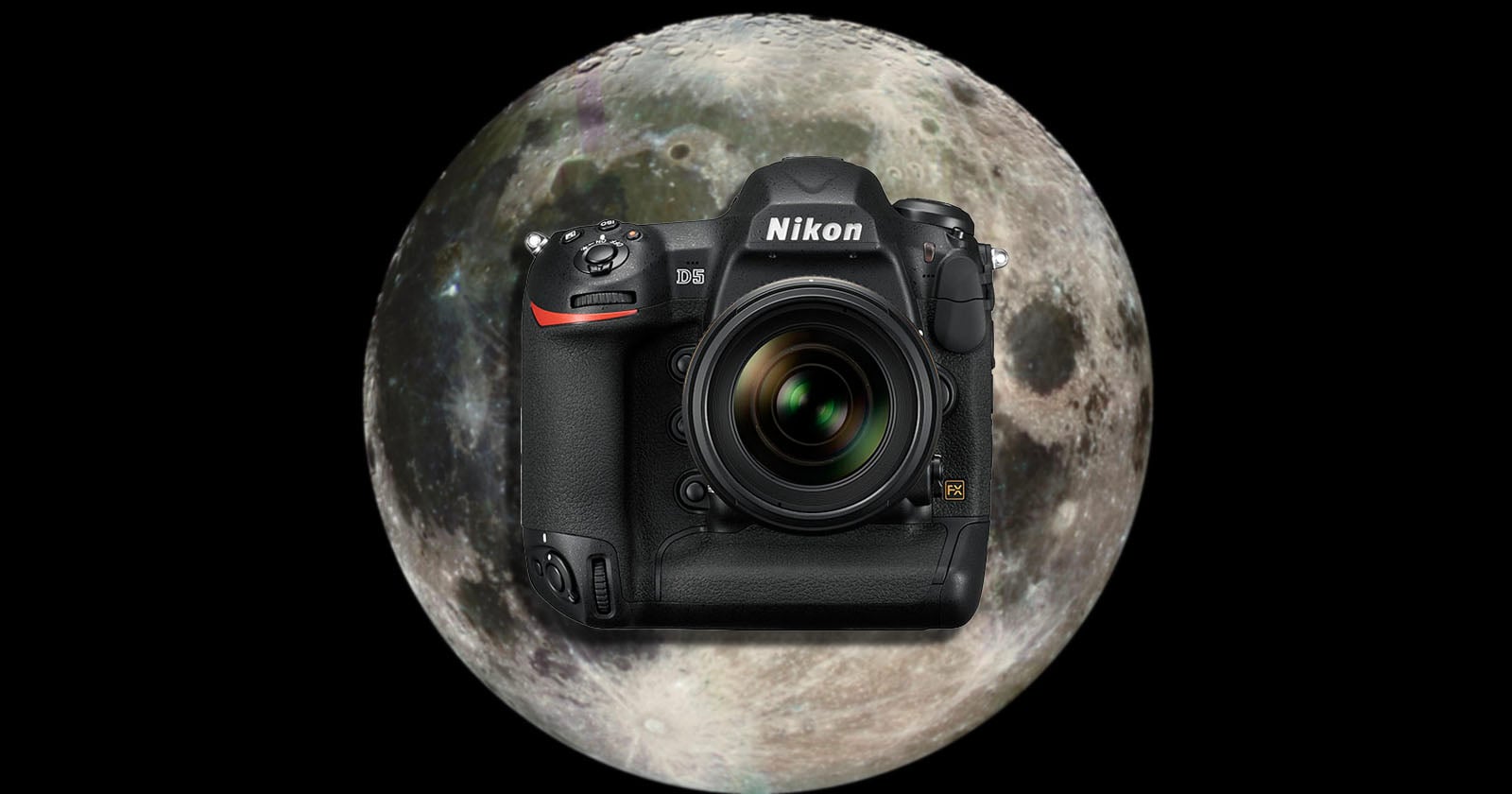 A Nikon DSLR camera is centered in front of a large, detailed image of the full moon, both set against a black background.