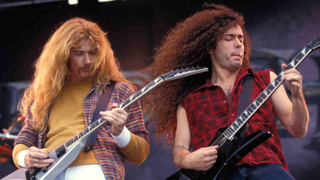 Megadeth&rsquo;s Dave Mustaine and Marty Friedman performing onstage in the early 1990s