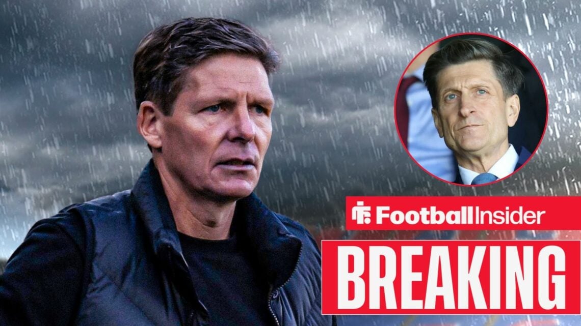 Oliver Glasner in the rain at Selhurst Park, with Steve Parish in a circular inset