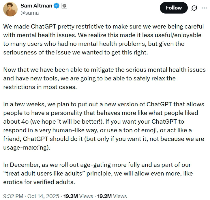 OpenAI CEO Sam Altman on rolling out erotica on ChatGPT