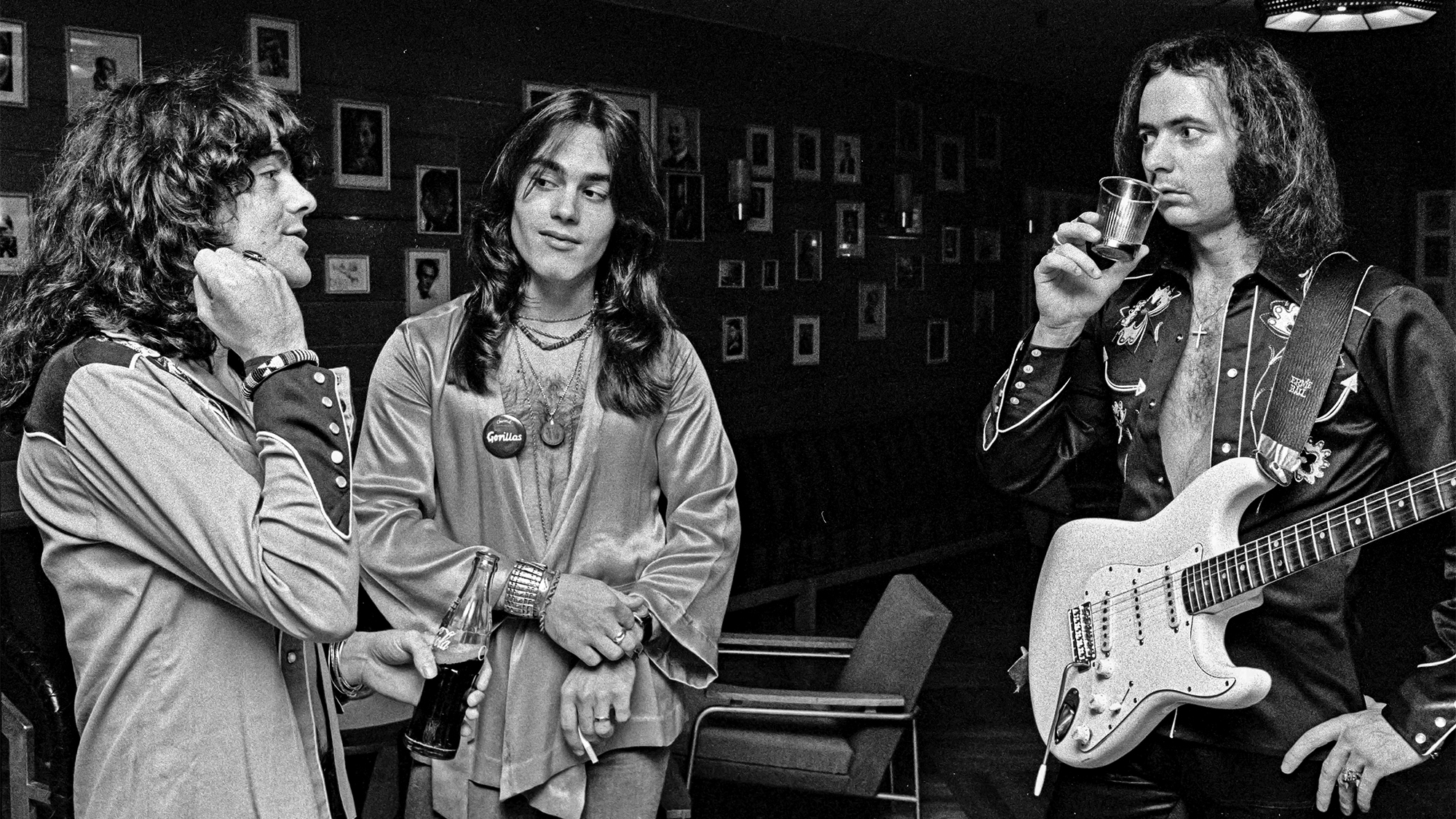 Rainbow backstage in 1976. (from left) Jimmy Bain, Tony Carey, Blackmore dismissed Bain in January 1977 following the Rising album and tour, allegedly for being "substandard". Carey left after the 1976-77 tour when got tired of Blackmore's difficult behavior.