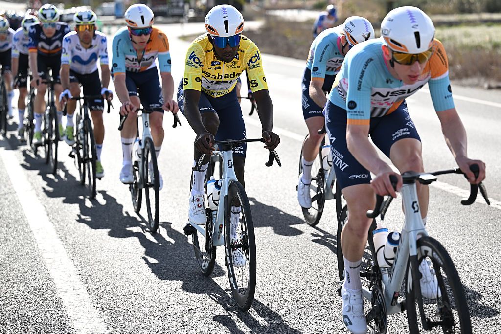 SAN VICENTE DEL RASPEIG, SPAIN - FEBRUARY 06: Biniam Girmay of Eritrea and NSN Cycling Team - Yellow Leader Jersey competes during the 77th Volta Comunitat Valenciana 2026, Stage 3 a 158km stage from Orihuela to San Vicente del Raspeig 115m on February 06, 2026 in San Vicente del Raspeig, Spain. (Photo by Szymon Gruchalski/Getty Images)