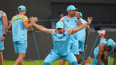 Netherlands' players during a practice session ahead of T20 World Cup 2026 cricket match against India in Ahmedabad (PTI)