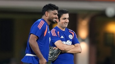 Gautam Gambhir and Sanju Samson during a practice session ahead of the T20 World Cup 2026 match between India and Zimbabwe. (PTI )