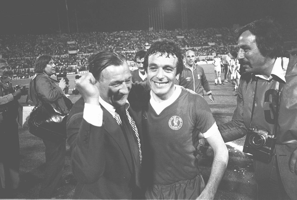 Bob Paisley and Ian Callaghan celebrate winning the 1977 European Cup in Rome