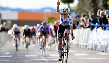 VILA-REAL, SPAIN - FEBRUARY 13: Cat Ferguson of Great Britain and Team Movistar celebrates at finish line as stage winner during the 10th Setmana Ciclista - Volta Femenina de la Comunitat Valenciana 2026, Stage 2 a 115.5km stage from Vila-Real to Vila-Real on February 13, 2026 in Vila-Real, Spain. (Photo by Szymon Gruchalski/Getty Images)