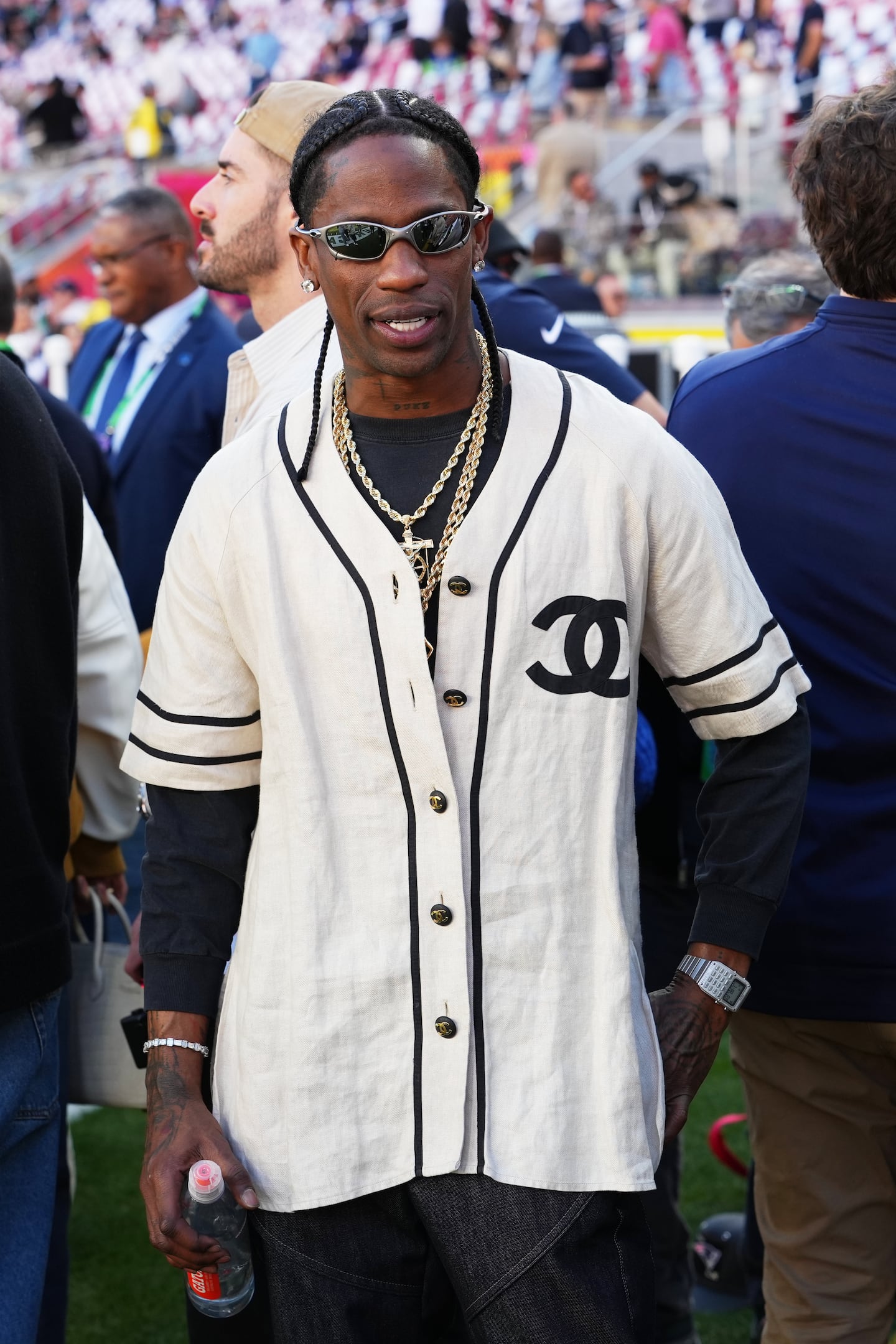 Travis Scott attended the NFL Super Bowl 60 football game between the Seattle Seahawks and the New England Patriots, Sunday in Santa Clara, Calif. 