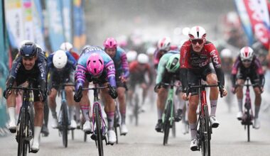 DOMESSARGUES, FRANCE - FEBRUARY 05: (L-R) Matteo Moschetti of Italy and Pinarello-Q36.5 Pro Cycling Team, Dylan Groenewegen of Netherlands and Team Unibet Rose Rockets and stage winner Mathieu Kockelmann of Luxembourg and Team Lotto-Intermarche sprint at finish line during the 56th Etoile de Besseges - Tour du Gard 2026, Stage 2 a 162.8km stage from Saint-Gilles to Domessargues on February 05, 2026 in Domessargues, France. (Photo by Luc Claessen/Getty Images)