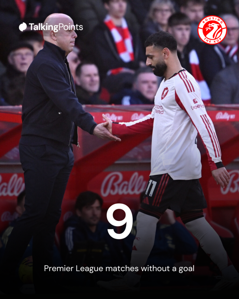 Mohamed Salah shakes Arne Slot's hand as he comes off during Liverpool's Premier League match against Nottingham Forest at the City Ground (Credit: Getty Images/Liverpool FC).
