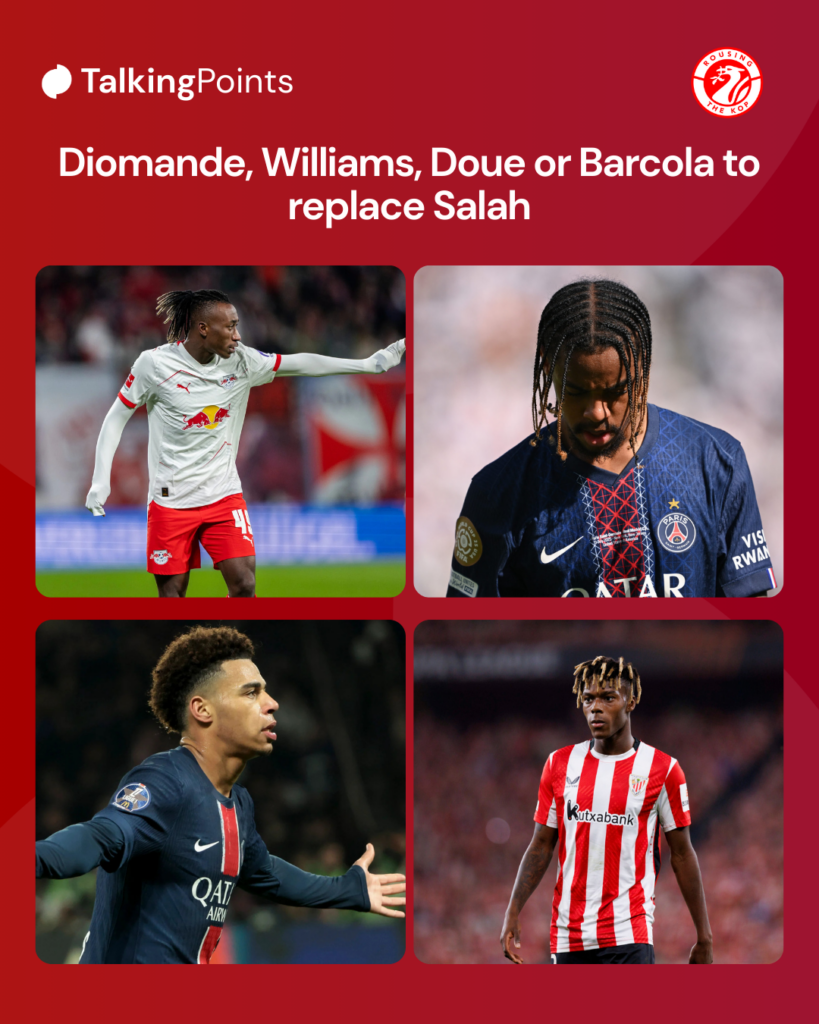 Yan Diomande gestures to teammates during RB Leipzig's Bundesliga match with VfL Wolfsburg at the Red Bull Arena. Bradley Barcola looks down during PSG's FIFA Club World Cup semi-final against Real Madrid in New Jersey. Nico Williams pictured in action for Athletic Bilbao in their Europa League semi-final clash versus Manchester United. Desire Doue during Paris Saint-Germain v Lille OSC - Ligue 1 McDonald's.