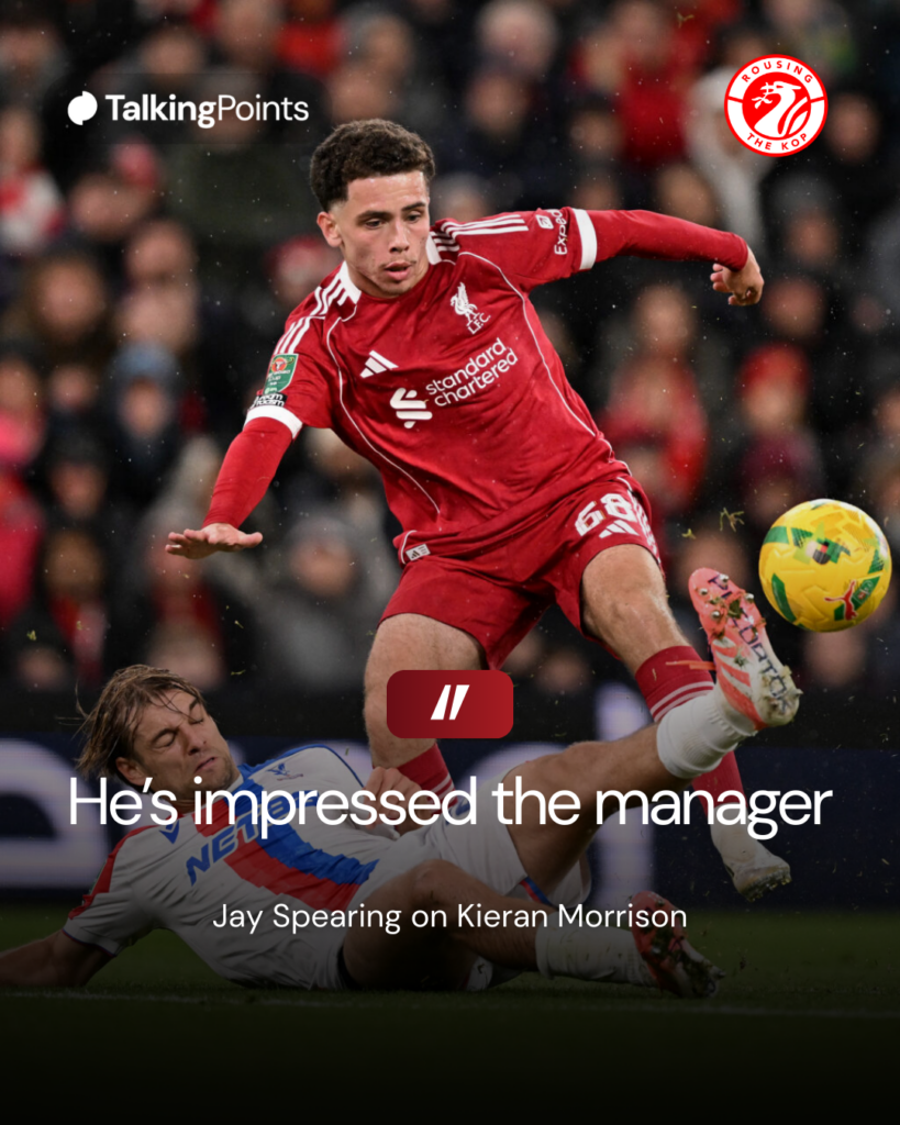 Kieran Morrison of Liverpool battles with Crystal Palace's Borna Sosa during the Carabao Cup fourth round match at Anfield (Credit: Getty Images/Liverpool FC).
