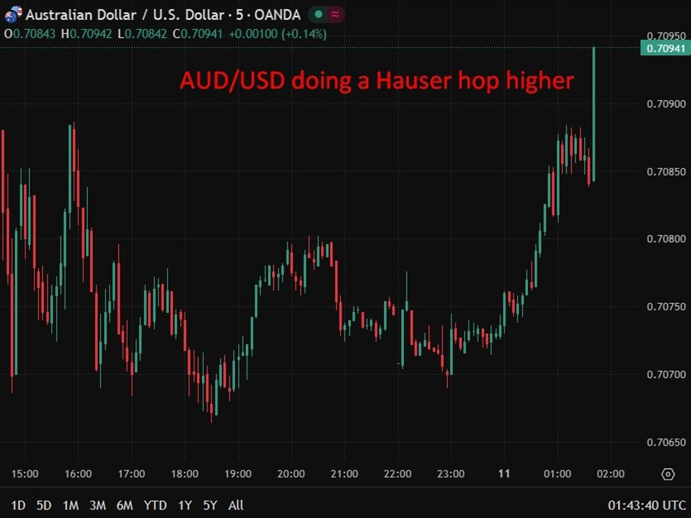 RBA’s Hauser says inflation too high, vows action to return to target. AUD jumps.