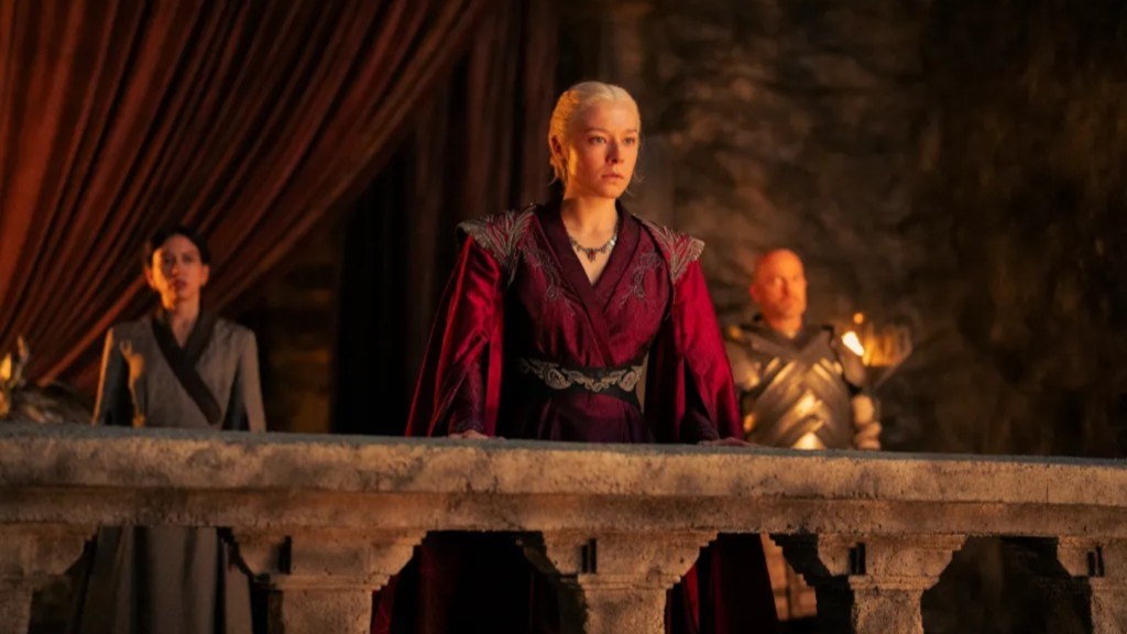 Rhaenyra looking down from a balcony in House of the Dragon Season 2