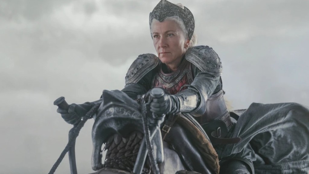 Rhaenys Targaryen riding her dragon into battle in House of the Dragon Season 2