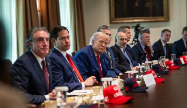 Marco Rubio sits next to US President Donald Trump during a briefing in April 2025 (Molly Riley/White House/Wikimedia Commons)