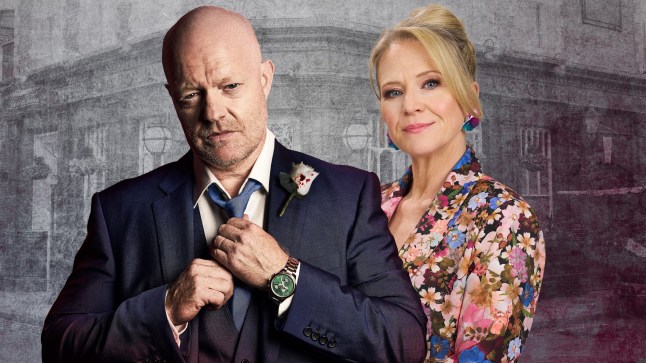 An EastEnders collage of Linda Carter in a floral blazer, smiling behind a suited Max Branning clutching his tie.