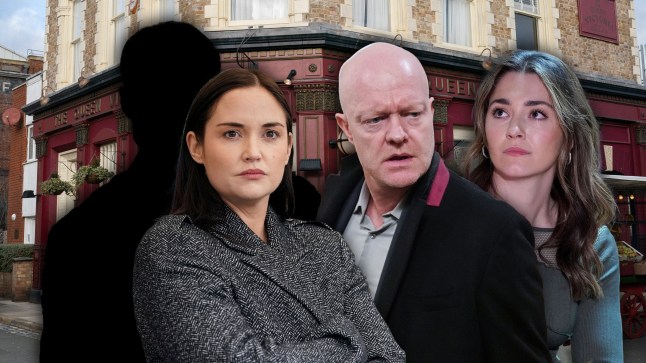 An EastEnders collage, featuring a silhouette looming behind Lauren Branning, as Max and Penny Branning glare in each other's direction.