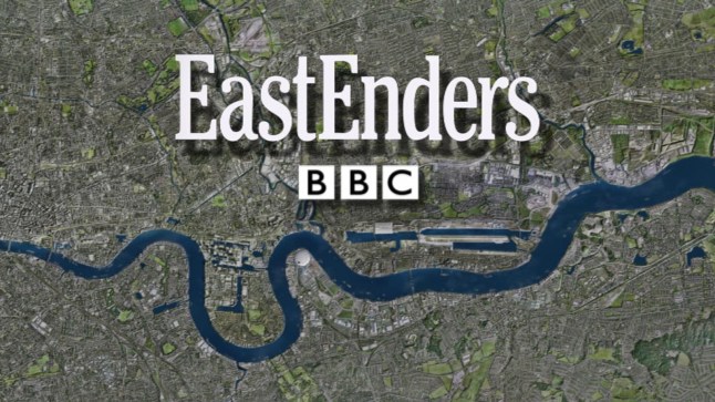 The EastEnders title screen, with the show name and BBC logo, plus an aerial view of the River Thames and surrounding London.