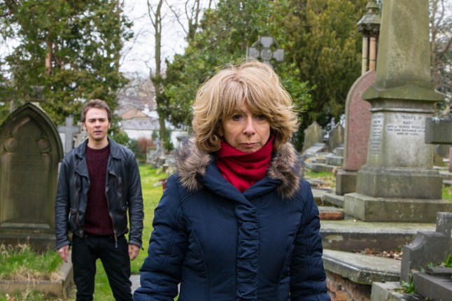 Editorial use only Mandatory Credit: Photo by ITV/Shutterstock (8965159hf) Ep 8619 Friday 17 April 2015 - 1st Ep Sophie lets slip to David Platt, as played by Jack P Shepherd, that Gail McIntyre, as played by Helen Worth, is often in the shop buying flowers, he decides to follow her. Having followed Gail to the cemetery, David watches her from a distance. Is David about to make a shocking discovery about Gavin Rodwell? 'Coronation Street' TV Series - Apr 2015