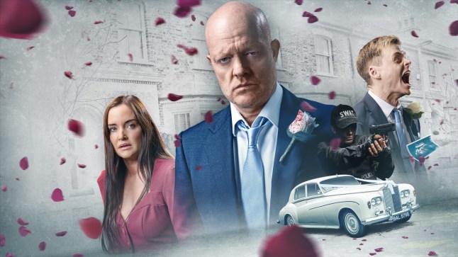 An EastEnders collage featuring Lauren, Max and Oscar Branning, with a SWAT officer and a wedding car, surrounded by floating rose petals.