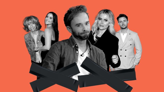A collage of Jack P Shepherd, Lucy Fallon, Helen Worth, Jacqueline Jossa and Calum Lill on a red background, with two crosses underneath them.