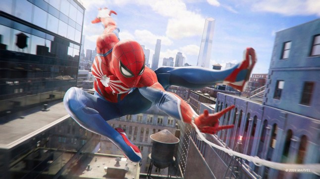 A still of Spider-Man swinging past buildings in New York City in a PS5 game.