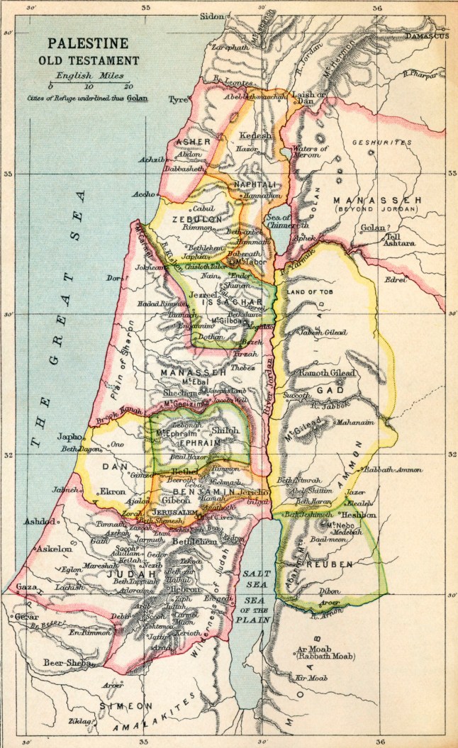 UNSPECIFIED - CIRCA 1800: Map of Palestine as described in the Old Testament. From the book Atlas of ancient and Classical Geography published 1928. (Photo by Universal History Archive/Getty Images)