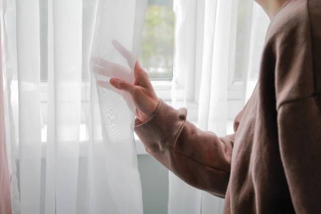 A person spying on their neighbours through the curtains.