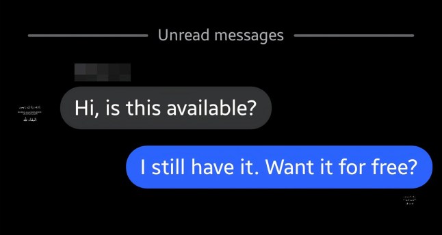 A Facebook Messenger exchange in which an AI bot says: 'I still have it. Want it for free?'