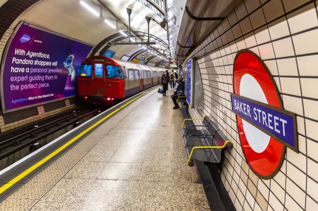 LONDON, UK - JANUARY 28, 2025: Baker Street London Underground station platform with an arriving Tube train. One of the oldest and most famous stations, known for its Sherlock Holmes connection; Shutterstock ID 2672022097; purchase_order: -; job: -; client: -; other: