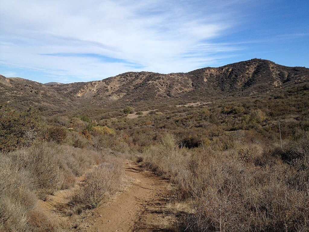 Desert trail winding through dry shrubland with mountains in the background, chaparral, California
