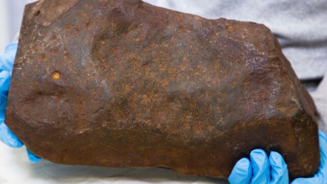 A huge, heavy-looking rock is held by gloved hands in a museum. This rock turned out to be 'more valuable' and rarer than gold