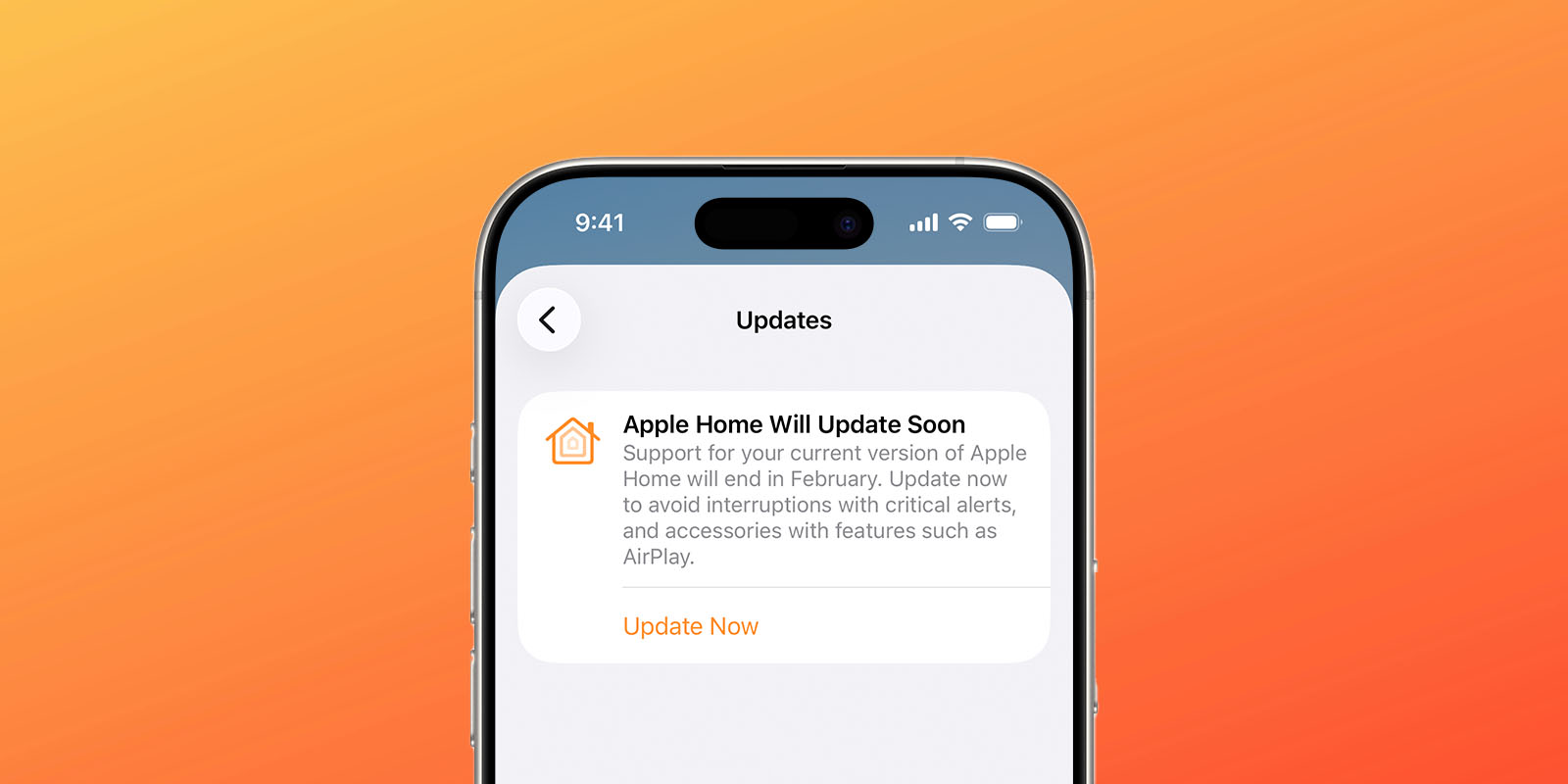 There's less than a week to update Apple Home if you haven't yet done so | Update reminder seen on an iPhone with an orange background